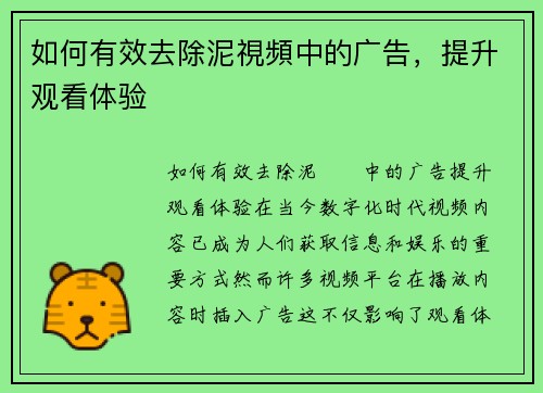 如何有效去除泥視頻中的广告，提升观看体验